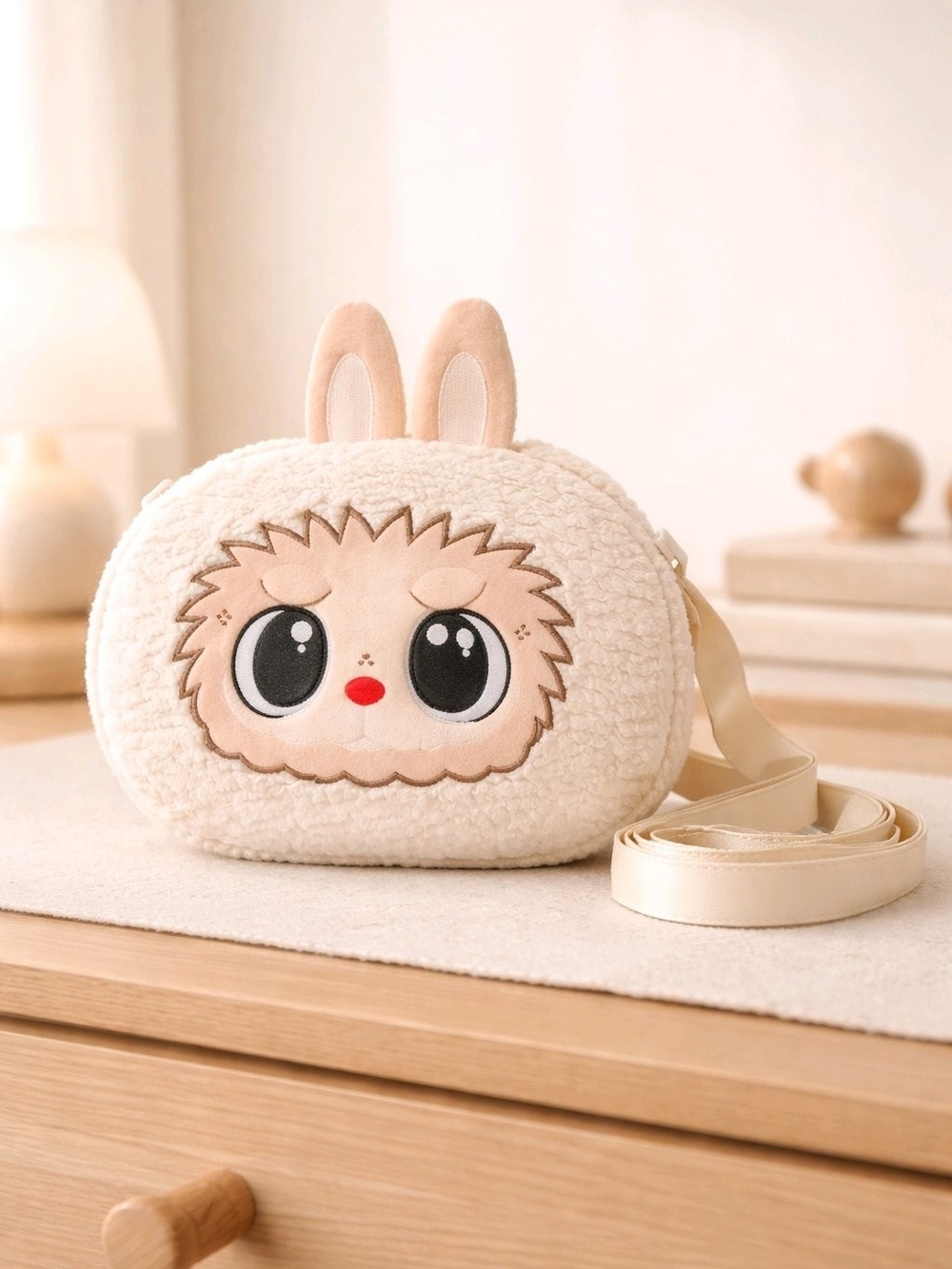 Kids Plush Generic Labu  Bunny Face Crossbody Bag in Cream